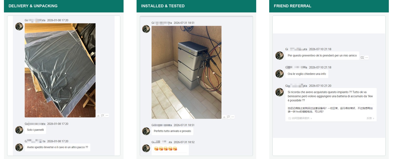 Consegna, installazione completata e conversazione di segnalazione del cliente