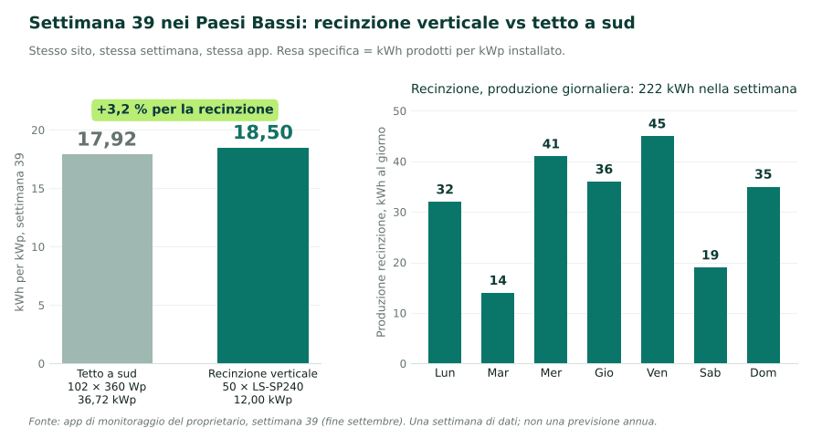 Grafico della resa specifica nella settimana 39, tetto 17,92 contro recinzione 18,50 kWh per kWp, e produzione giornaliera della recinzione da 14 a 45 kWh