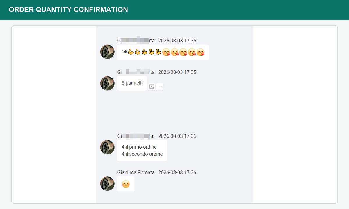 Chiarimento del cliente sulle quantit&agrave; di pannelli tra gli ordini