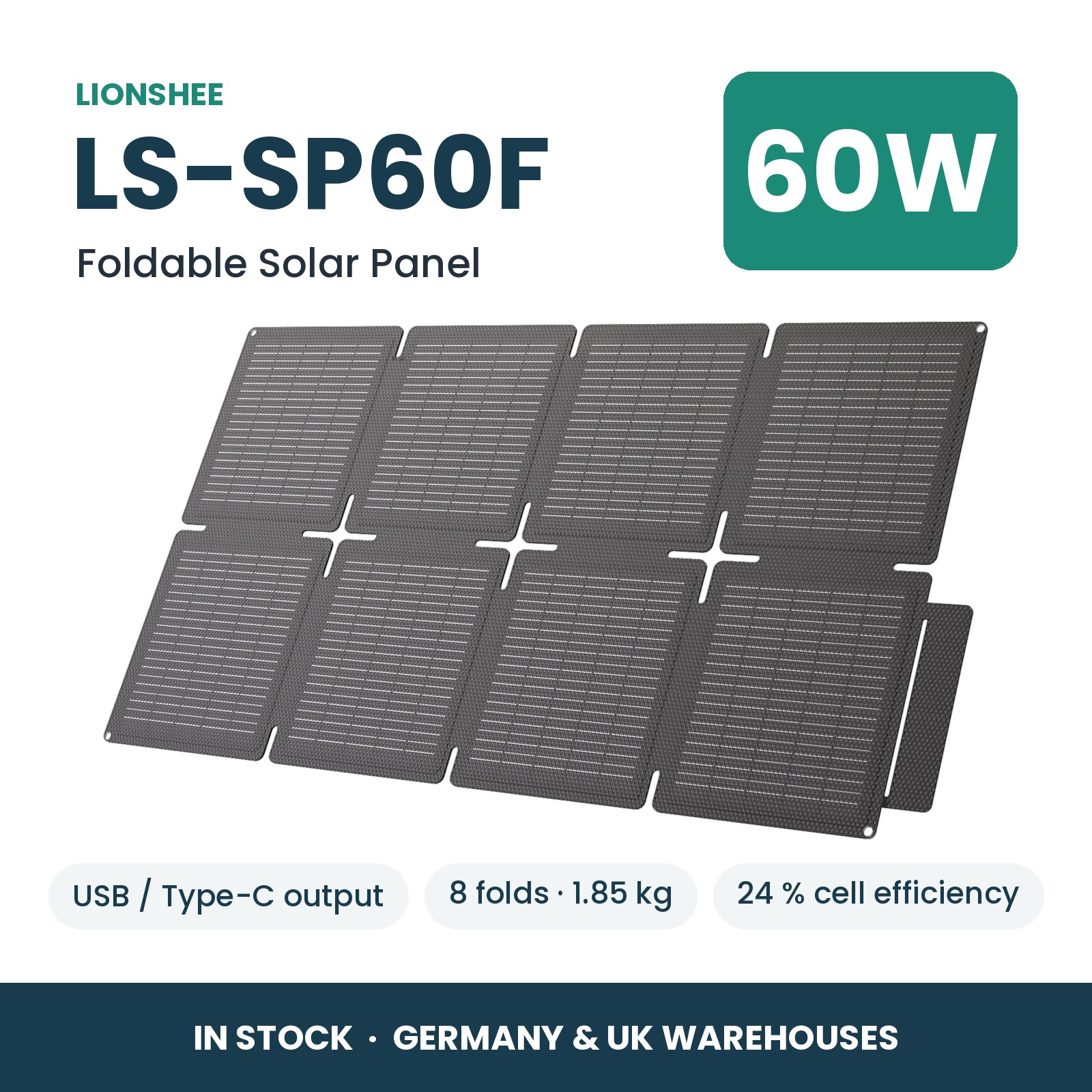 LIONSHEE LS-SP60F Pannello Solare Pieghevole 60W Con USB E Type-C, ETFE, Stock In Germania E Regno Unito