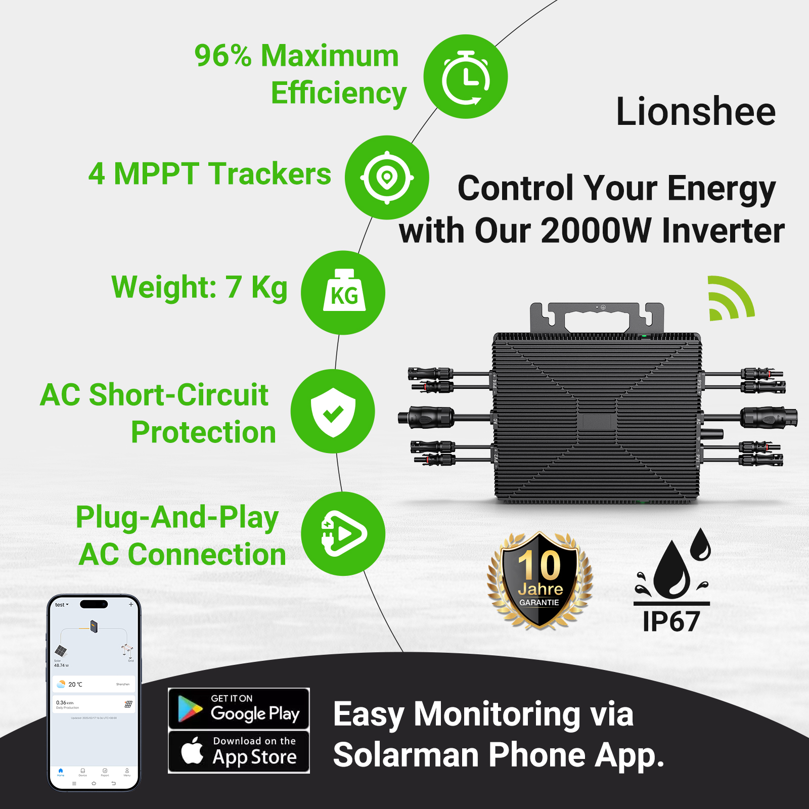 LIONSHEE LS-2000M Microinverter Solare 2000W Con WiFi, 4 MPPT E Spedizione Da Magazzino in Germania O Regno Unito